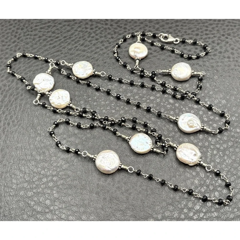 Vtg Coin Pearl Sterling Silver 925 Black Bead Necklace Opera Flapper Length 40